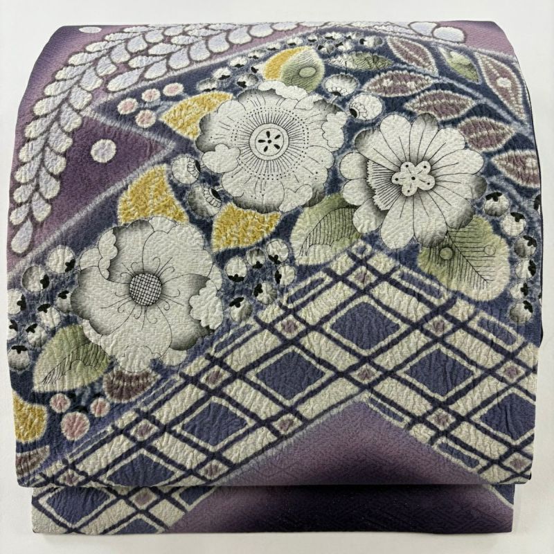 開き名古屋帯 美品 名品 落款あり 辻が花柄 銀糸 紫 正絹｜中古