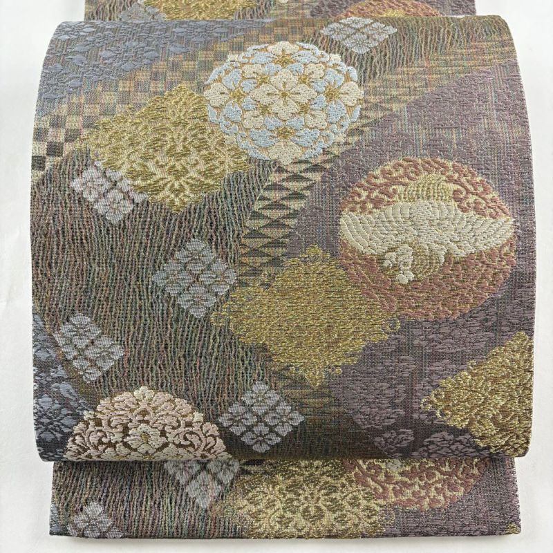 袋帯 美品 名品 華文 鳥 金糸 箔 茶緑色 六通 正絹｜中古・古着