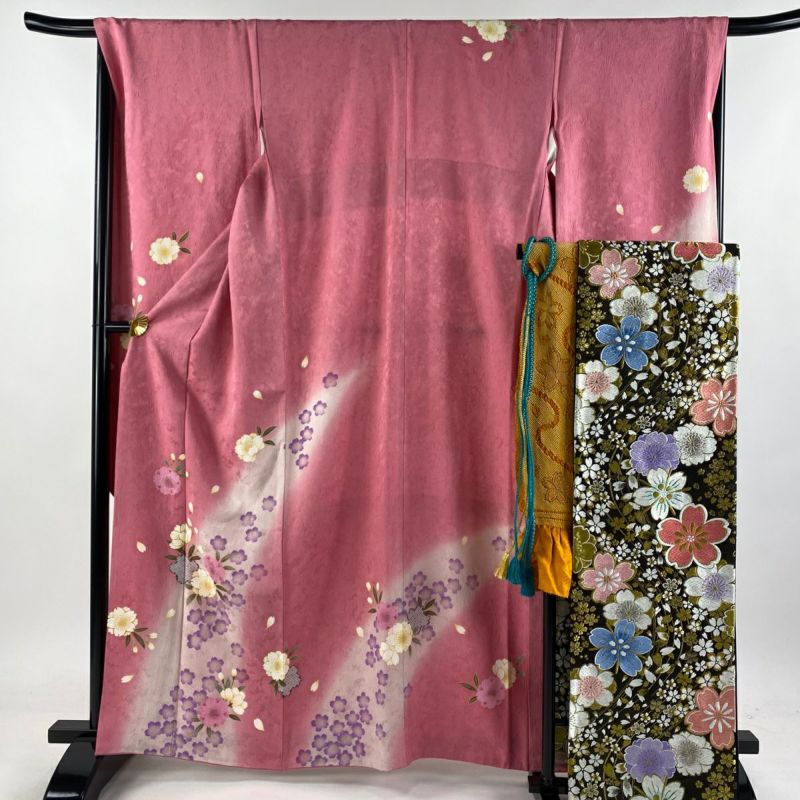 振袖 身丈164cm 裄丈68cm L 袷 袋帯フルセット 桜 地紋 金彩