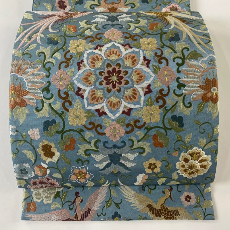 袋帯 美品 逸品 華文 花鳥 刺繍 金糸 青灰色 六通 正絹｜中古