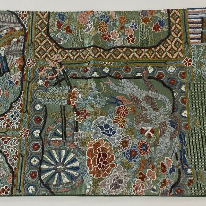 袋帯 逸品 花車 花鳥 刺繍 金糸 灰緑 六通 正絹｜中古・古着