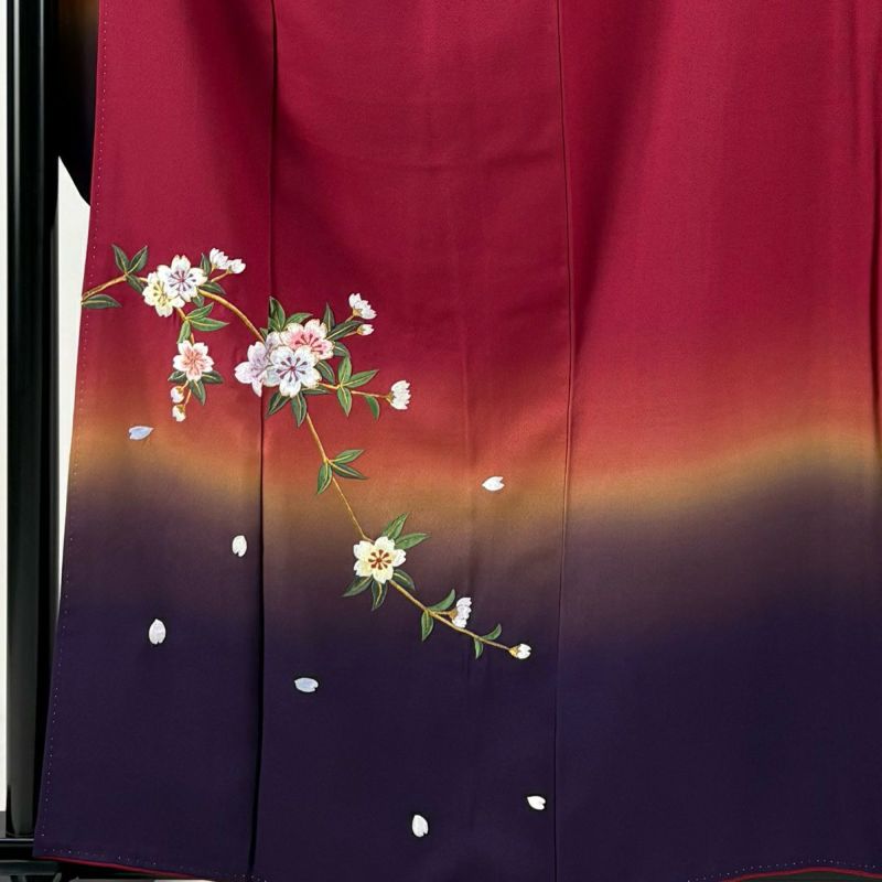 振袖 身丈161cm 裄丈65cm M 袷 扇 草花 金銀糸 金彩 オレンジ 正絹 秀