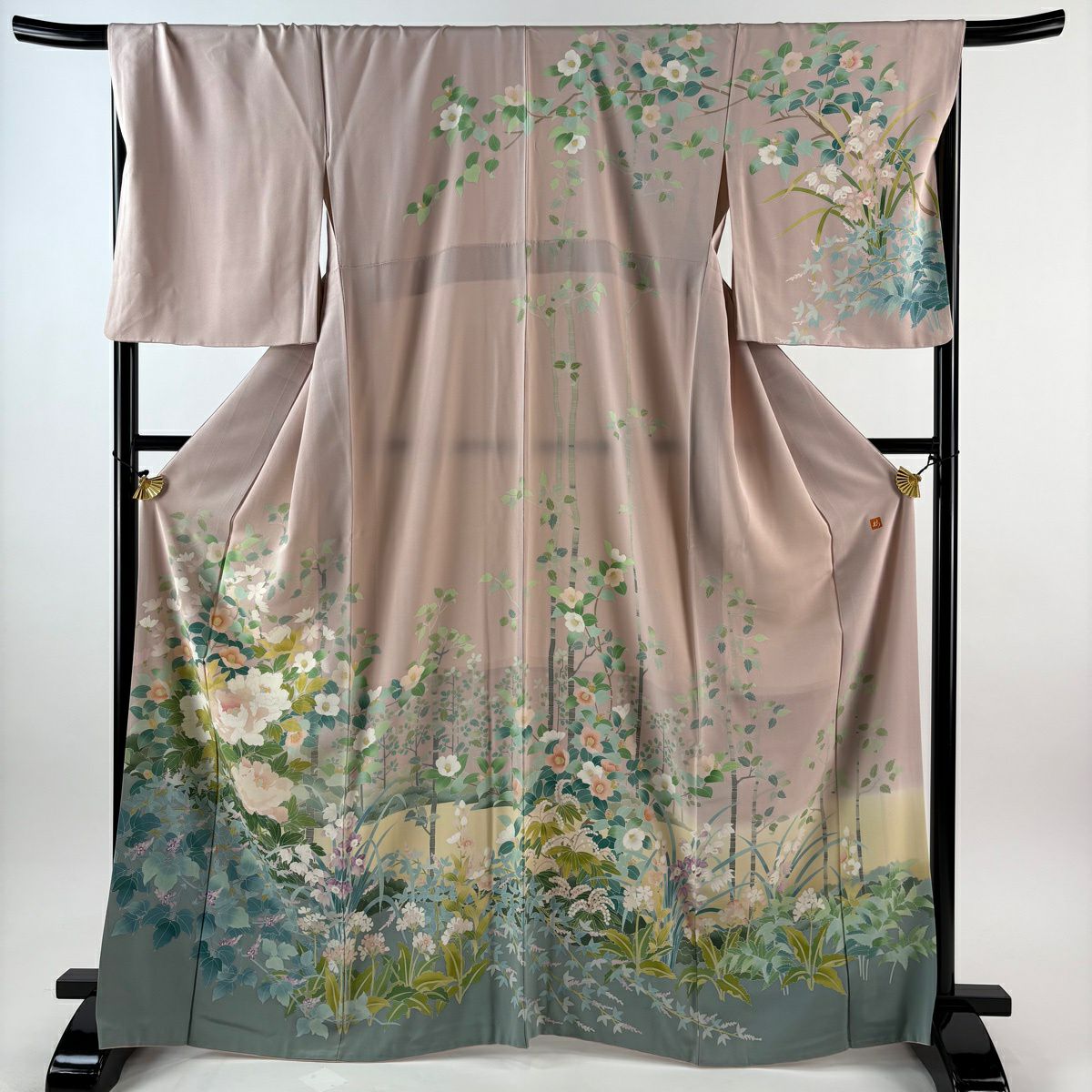 訪問着 正絹 木の葉・植物柄 袷仕立て 身丈164.5cm 裄丈68.5cm 緑・