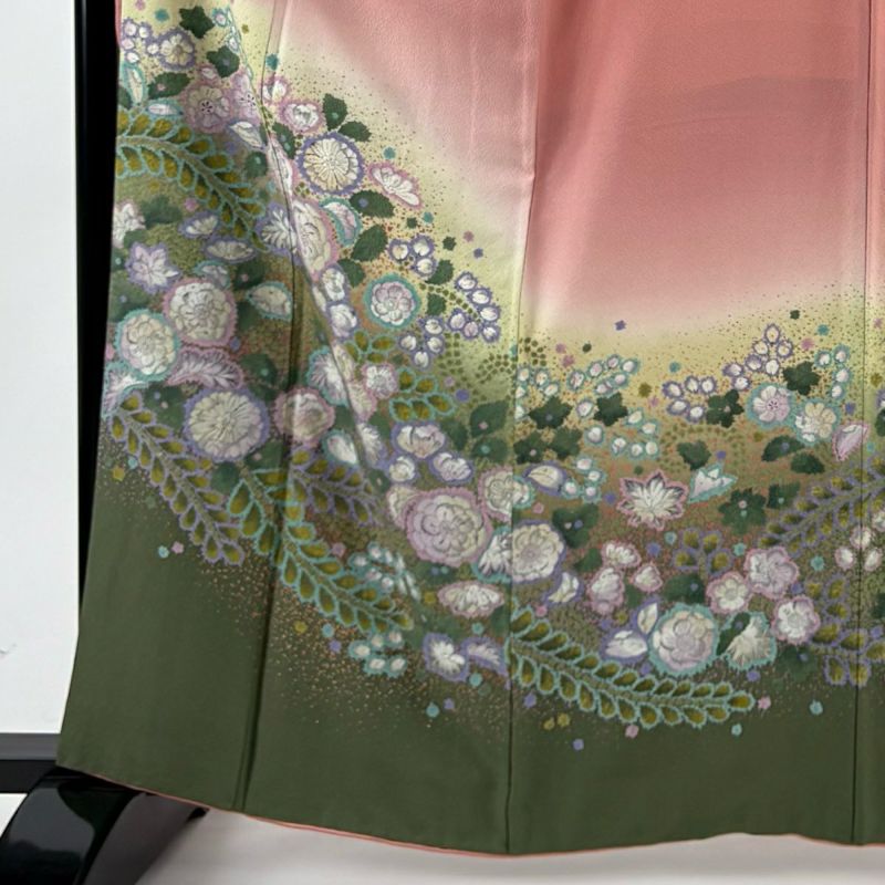 振袖 身丈163cm 裄丈66.5cm M 袷 草花 染め分け ぼかし ピンク 正絹