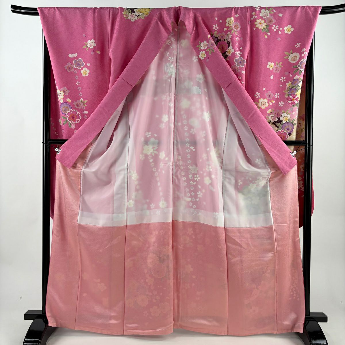 振袖 身丈166cm 裄丈70.5cm L 袷 牡丹 桜 金彩 銀通し ピンク 正絹