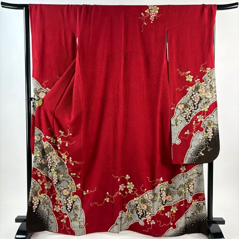 振袖 身丈167cm 裄丈66.5cm M 袷 鈴乃屋 葡萄 雪輪 絞り 金彩 赤 正絹