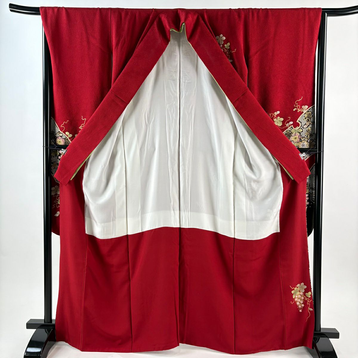 振袖 身丈167cm 裄丈66.5cm M 袷 鈴乃屋 葡萄 雪輪 絞り 金彩 赤 正絹