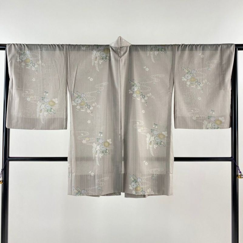 道中着 身丈86.5cm 裄丈67cm M 草花 流水 灰紫 正絹 美品 秀品