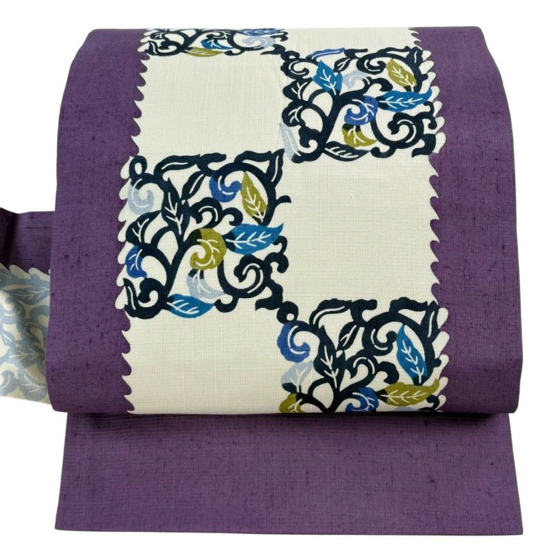 名古屋帯 逸品 栗山吉三郎 落款あり 葉 唐草 灰白 正絹｜中古・古着