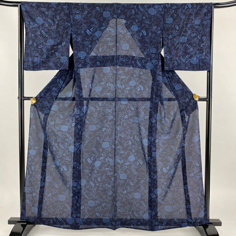 激安な M 裄丈64.5cm 身丈160.5cm 小紋 薄物 秀品 正絹 紺色 花唐草 絽 着物・浴衣