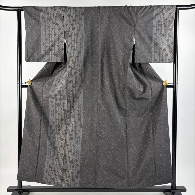 横断縞 紬 正絹 色使いの良い 袷 着物T-2354
