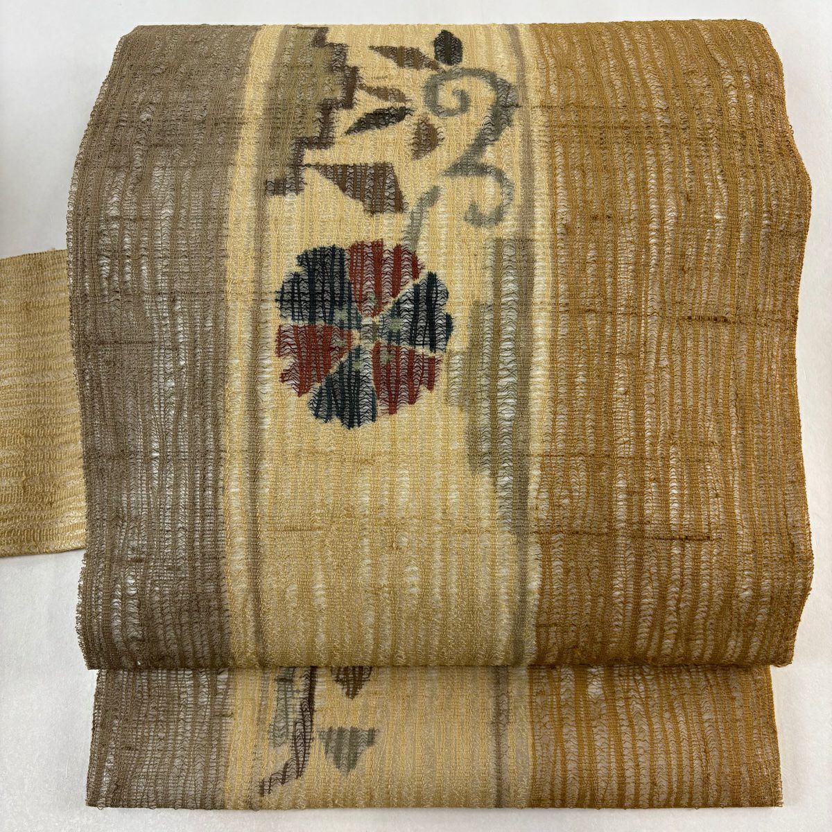 名古屋帯 美品 秀品 夏帯 絽 幾何学模様 金銀糸 クリーム 正絹