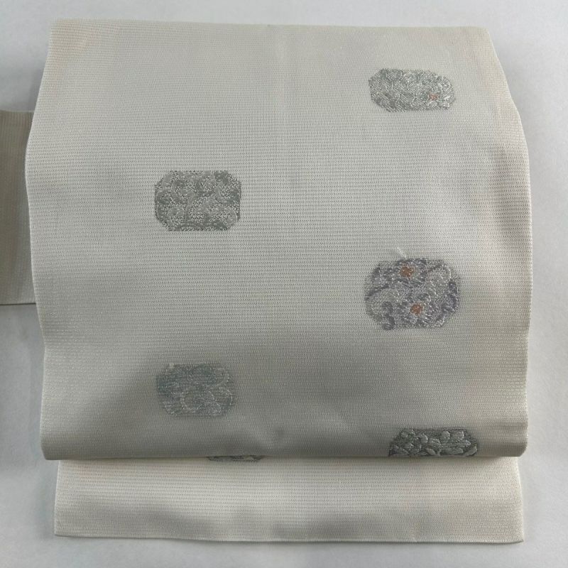 名古屋帯 秀品 夏帯 花唐草 銀糸 クリーム 正絹｜中古・古着