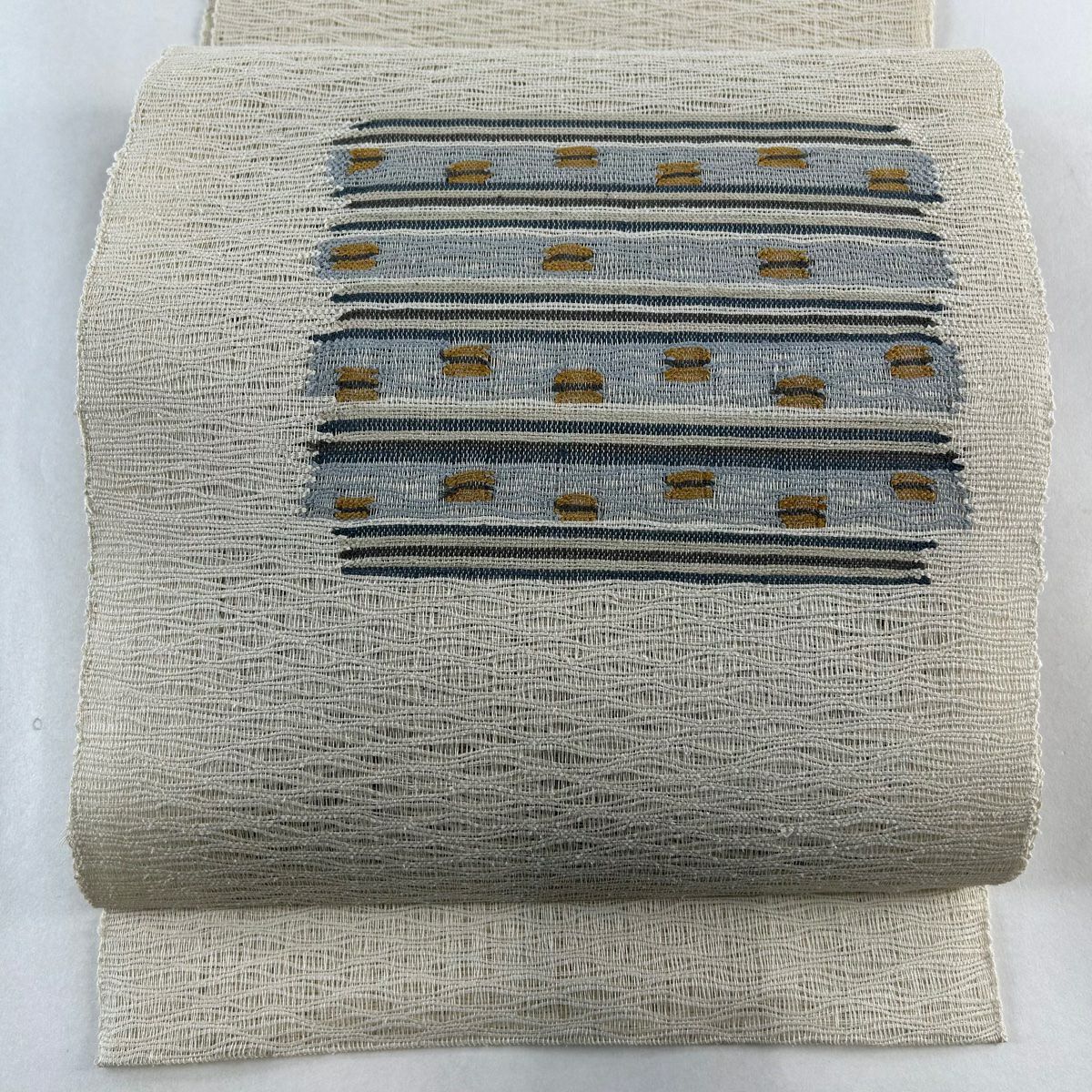 名古屋帯 秀品 夏帯 八寸名古屋帯 松葉仕立て 幾何学模様 灰色