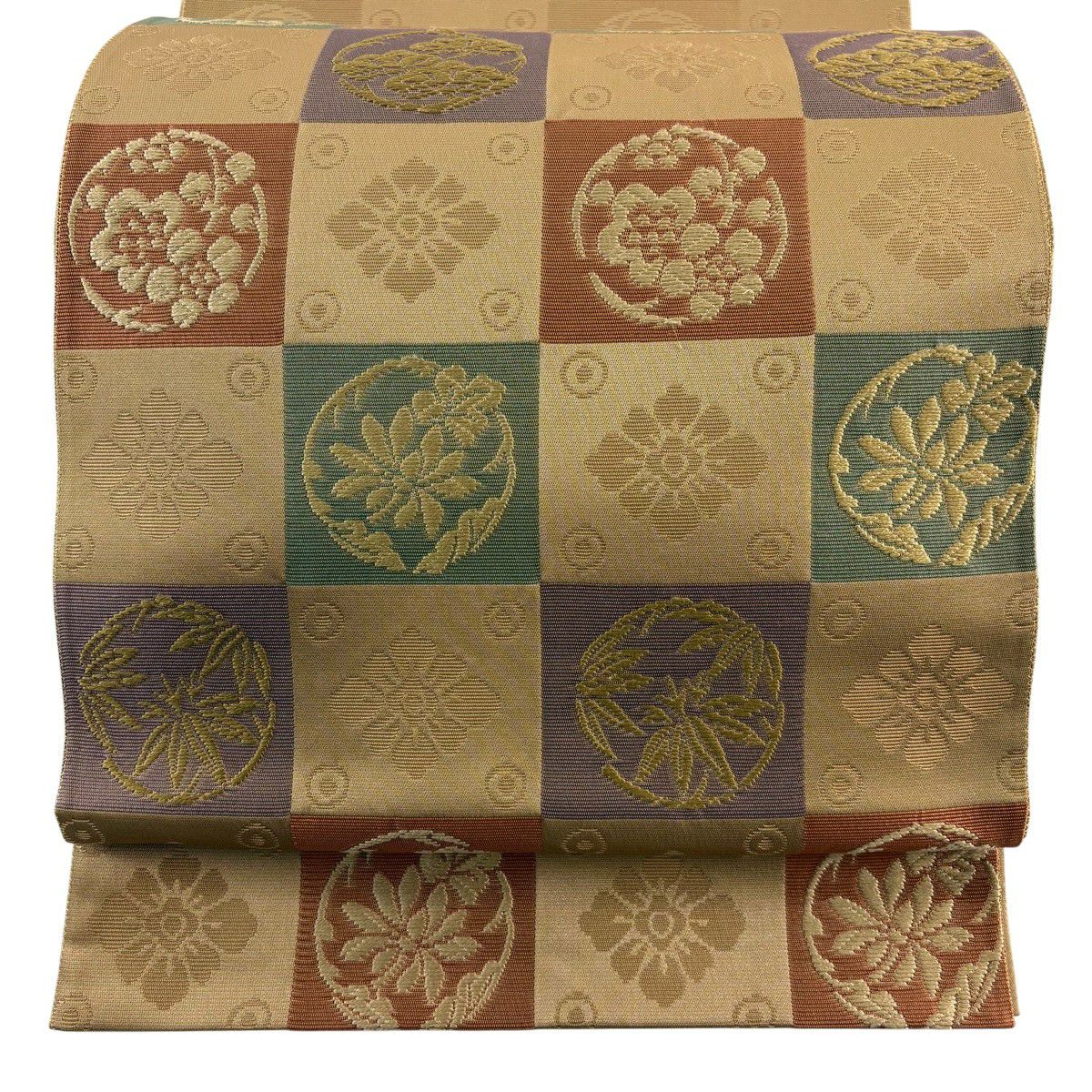 袋帯 名品 花井幸子 落款あり 松竹梅 市松 唐織 薄茶色 お太鼓柄 袋帯 名品 花井幸子 落款あり 松竹梅 市松 唐織 薄茶色 お太鼓柄