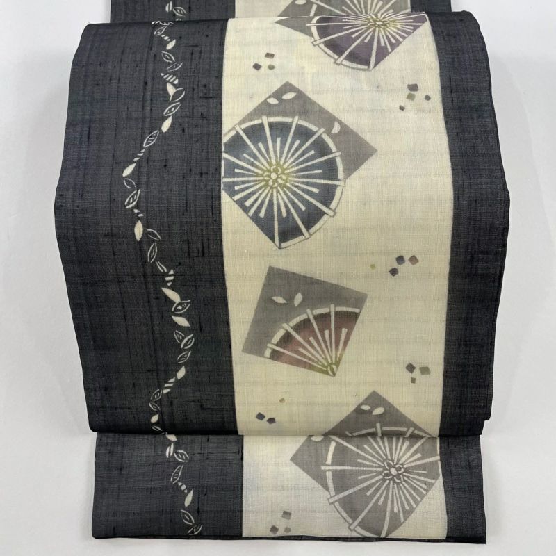 独創的 名品 美品 開き名古屋帯 夏帯 正絹｜中古 クリーム 箔散らし 花 着物・浴衣