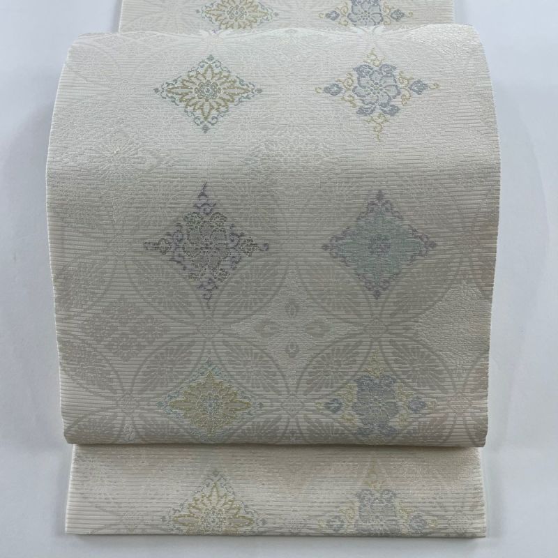 袋帯 美品 名品 七宝文 銀糸 ベージュ 六通 正絹｜中古・古着