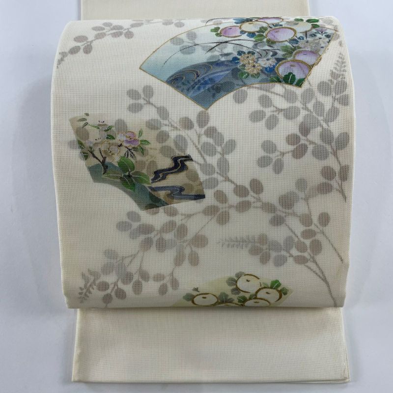 袋帯 名品 夏帯 饅頭菊 扇面 金彩 ベージュ お太鼓柄 正絹｜中古
