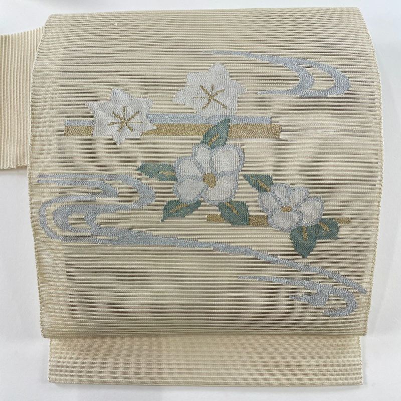名古屋帯 名品 夏帯 絽 八寸名古屋帯 椿 楓 金銀糸 箔 ベージュ