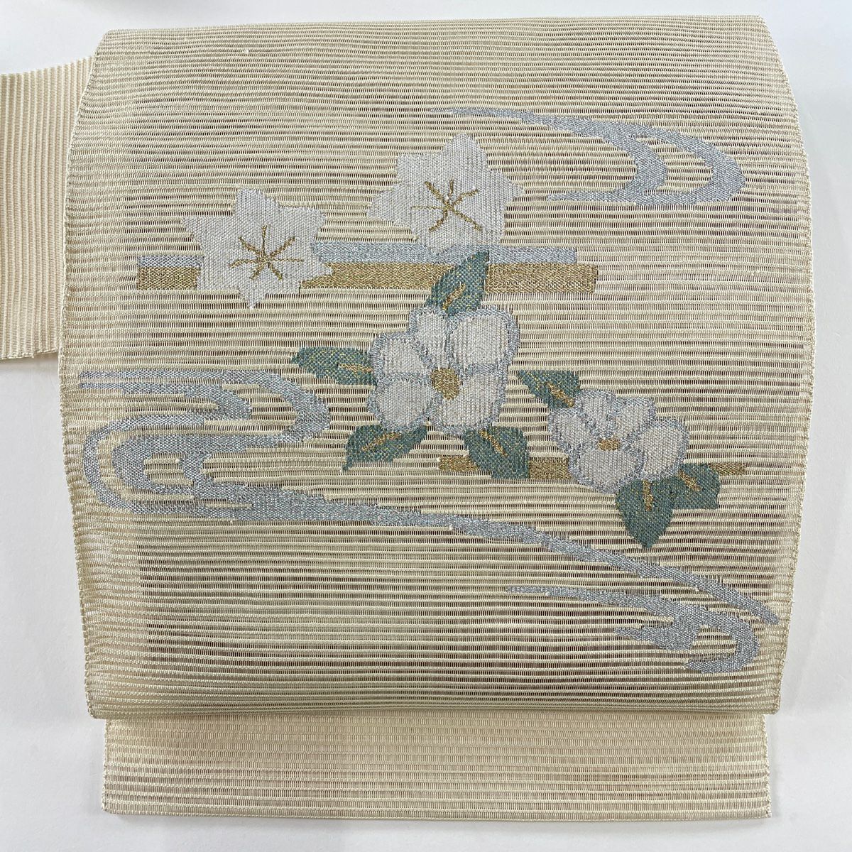 名古屋帯 秀品 夏帯 絽 幾何学模様 金銀糸 クリーム 正絹｜中古