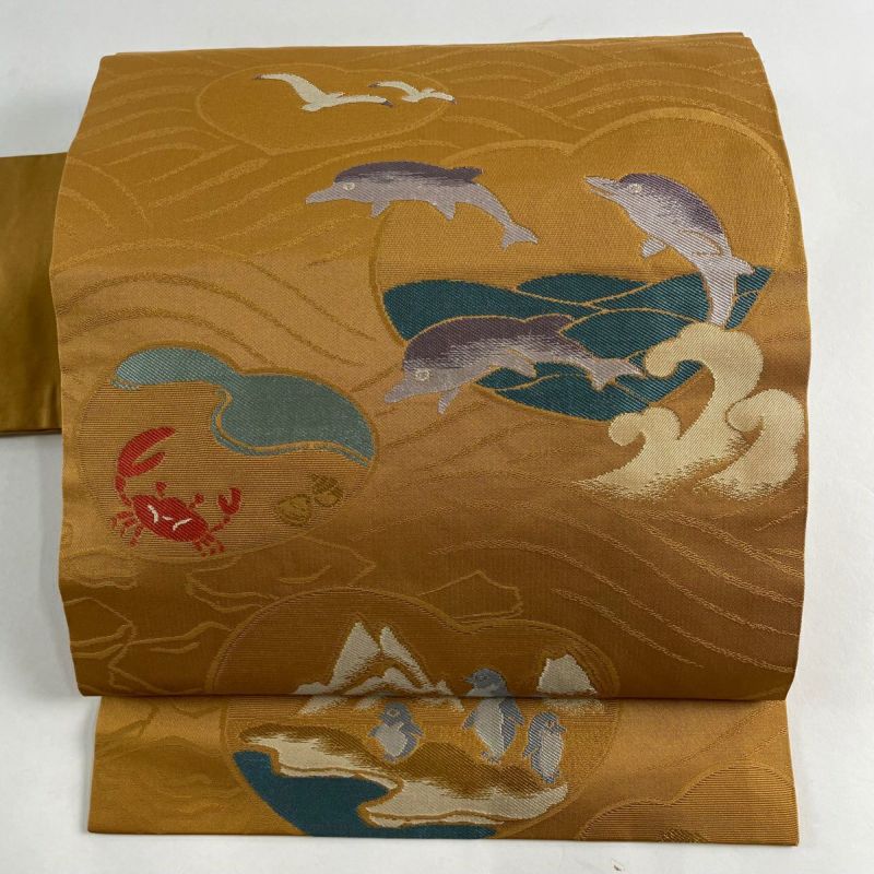 名古屋帯 美品 逸品 イルカ 蟹 山吹茶色 正絹｜中古・古着