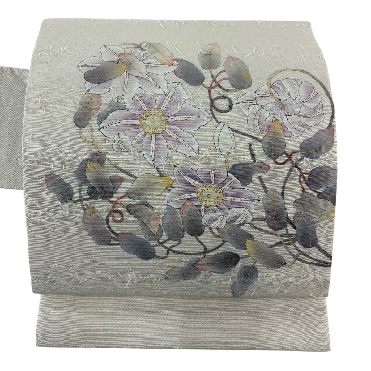 名古屋帯 優品 落款あり 髭紬地 家屋 山並み 金彩 クリーム 正絹｜中古