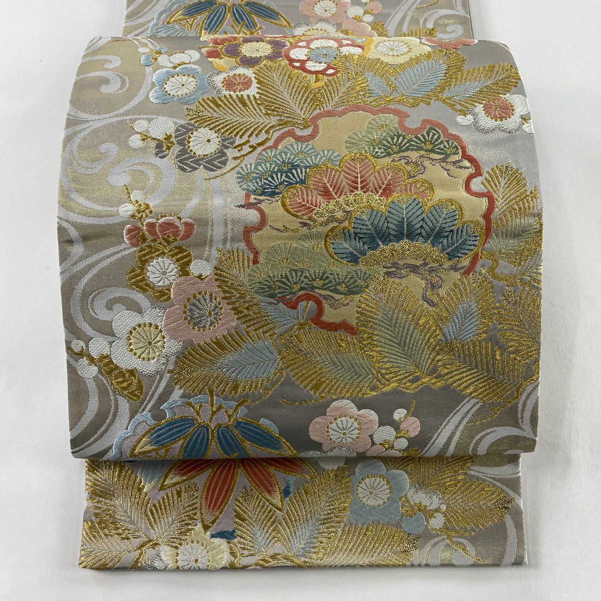 美品】 袋帯 名品 雪輪 ベスト 松竹梅 金銀糸 ぼかし 薄緑 全通 正絹