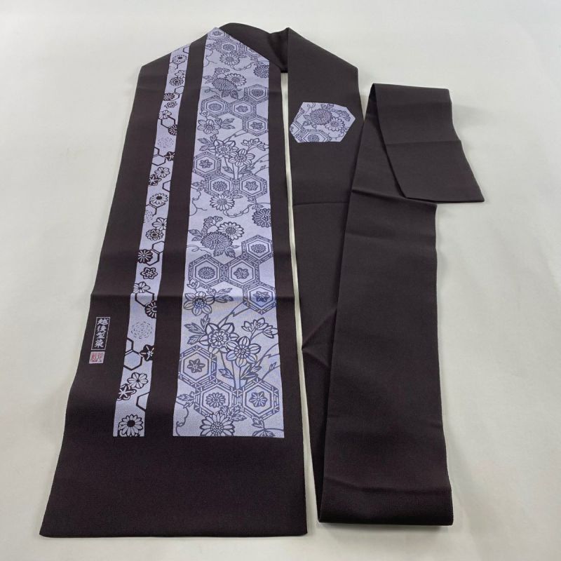 名古屋帯 美品 秀品 落款あり 越後型染 亀甲 菊 縮緬 焦茶色 名古屋帯 美品 秀品 落款あり 越後型染 亀甲 菊 縮緬 焦茶色