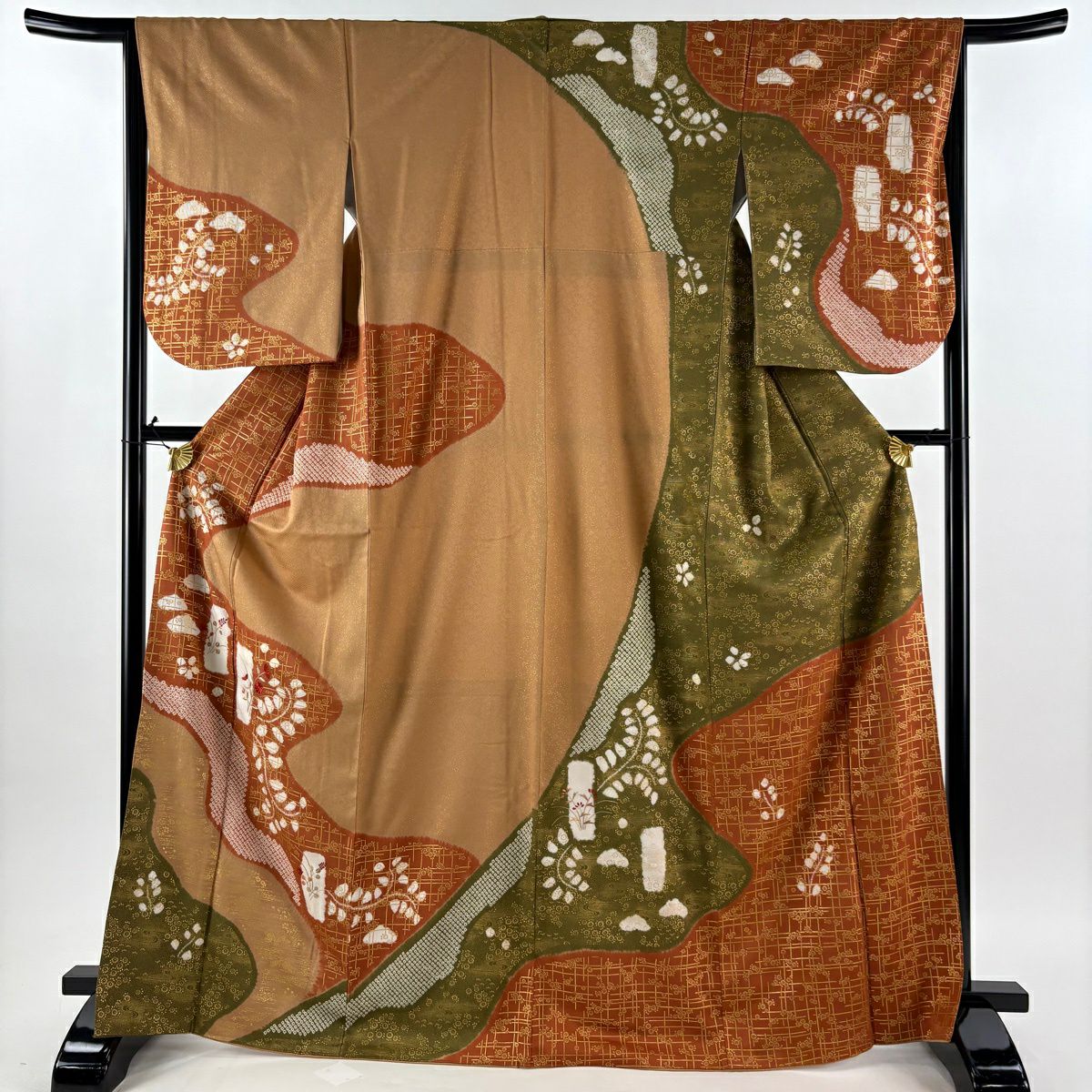 訪問着 身丈169cm 裄丈65cm M 袷 草花 霞 刺繍 金彩 薄茶色 正絹 秀品