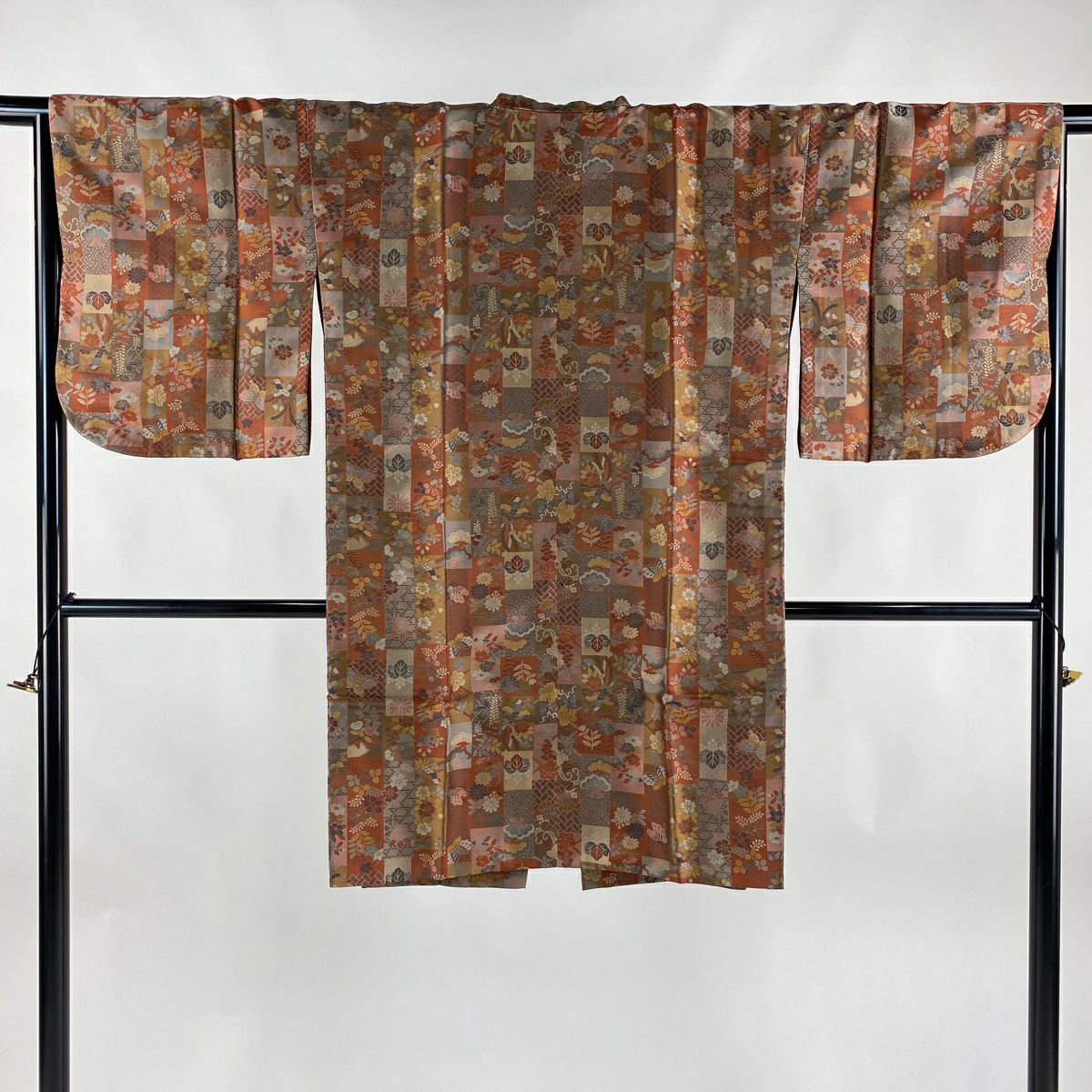 道中着 身丈104cm 裄丈66cm M 和装コート 幾何学 茶色 正絹 美品 逸品  