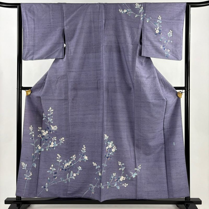 訪問着 身丈158.5cm 裄丈64cm M 単衣 紬地 落款あり 草花 灰紫 正絹 秀