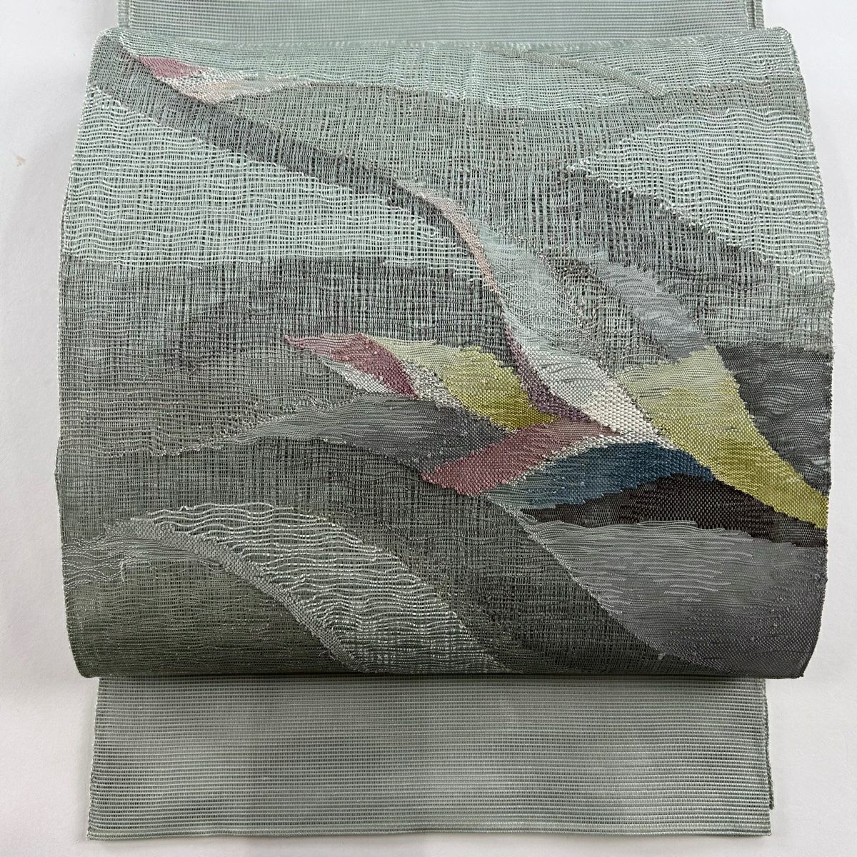 袋帯 秀品 夏帯 紗 道長取 草花 金銀糸 箔 灰白 六通 正絹｜中古