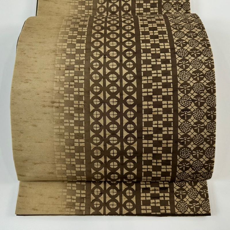 袋帯 美品 逸品 紬地 縞 ベージュ 全通 正絹 【中古】（袋帯 美