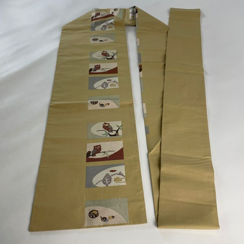 再入荷のおすすめ最新情報 名品 美品 名古屋帯 ふくろう 正絹｜中古・古着 ベージュ 葉 着物・浴衣