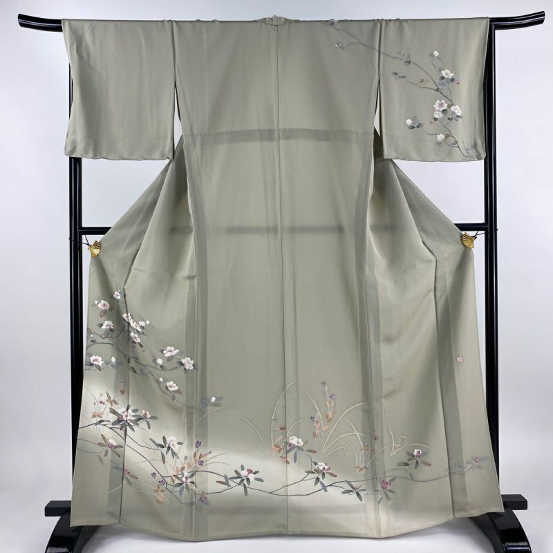 【超目玉枠】 落款あり 単衣 L 裄丈67.5cm 身丈164cm 訪問着 枝梅 ぼかし 草花 着物・浴衣