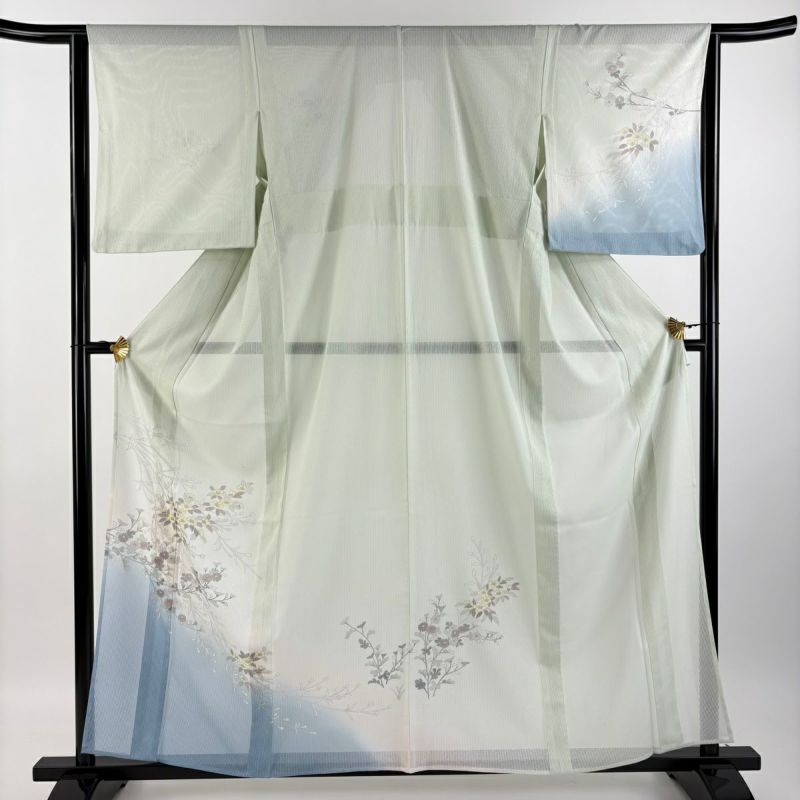 未使用品 訪問着 灰水色 縮緬地 菊 牡丹 身丈161cm 裄丈63cm 正絹