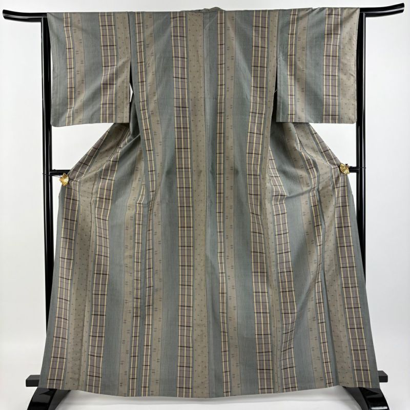 紬 身丈165.5cm 裄丈63.5cm S 単衣 格子 井桁絣 灰緑 正絹 美品