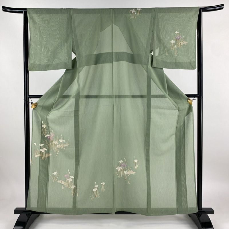 都内で 身丈161cm 付下げ 裄丈64cm 灰緑 銀彩 八橋 菖蒲 縦絽 薄物 M 着物・浴衣