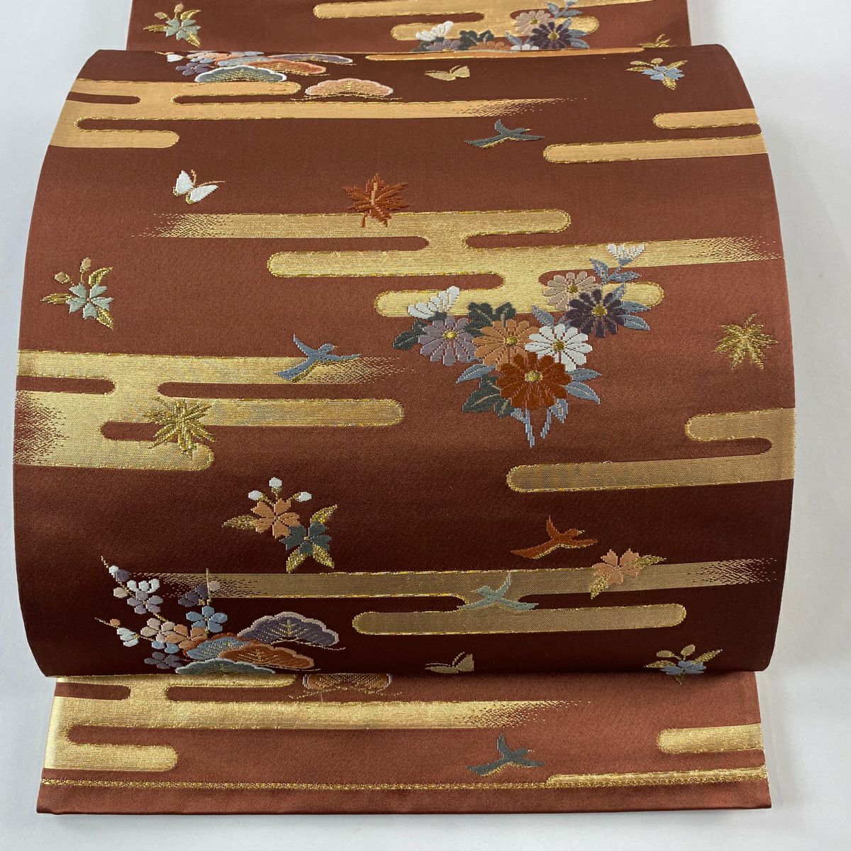 平和屋着物○両面 六通柄袋帯 紬地 すくい織 草木 鳥丸文