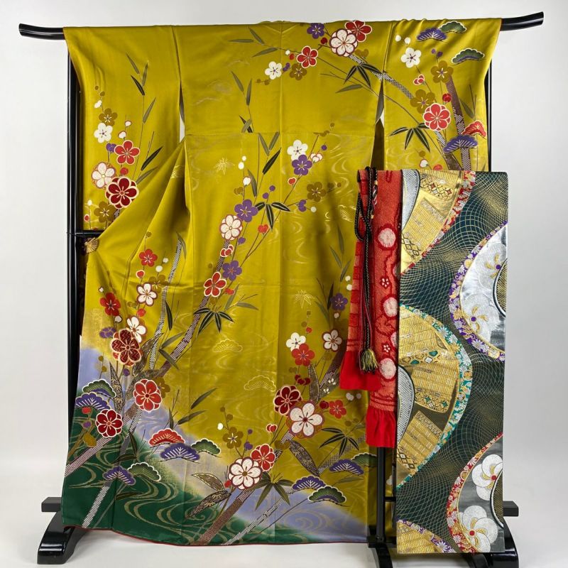 振袖 身丈167cm 裄丈67.5cm L 袷 袋帯フルセット 松竹梅 流水