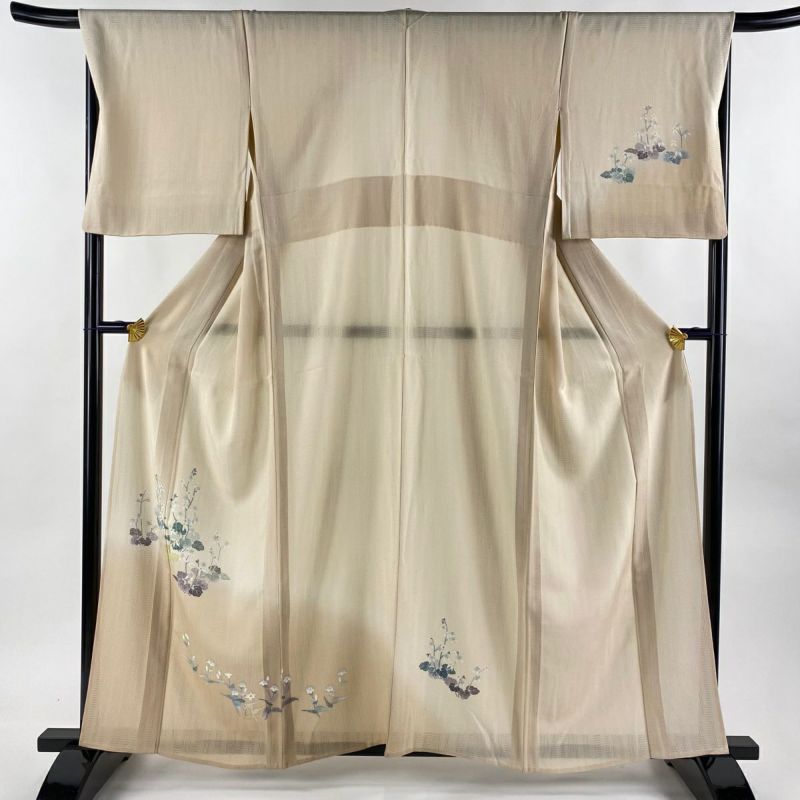 付下げ 身丈159cm 裄丈67cm M 薄物 草花 ぼかし ベージュ 正絹 付下げ 身丈159cm 裄丈67cm M 薄物 草花 ぼかし ベージュ 正絹