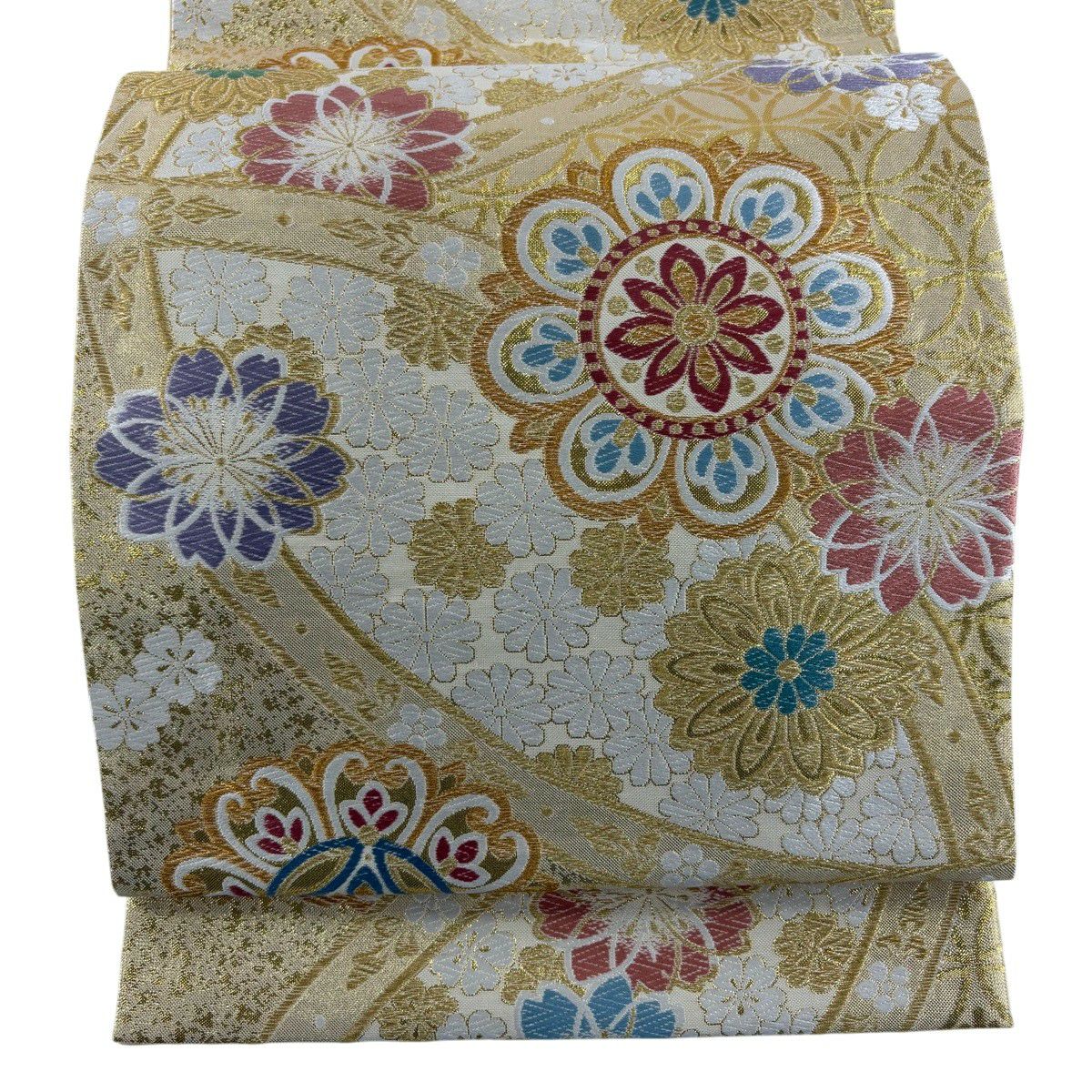 美品】 袋帯 秀品 屏風春秋文 草花 本金箔 刺繍 金色 六通 正絹｜中古