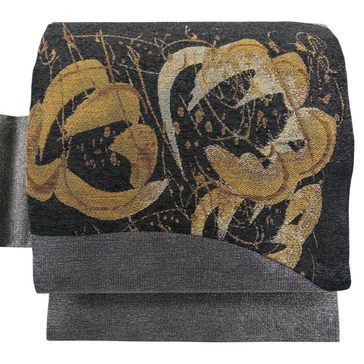 名古屋帯 秀品 幾何学模様 金銀糸 箔 黒 正絹｜中古・古着・リサイクル