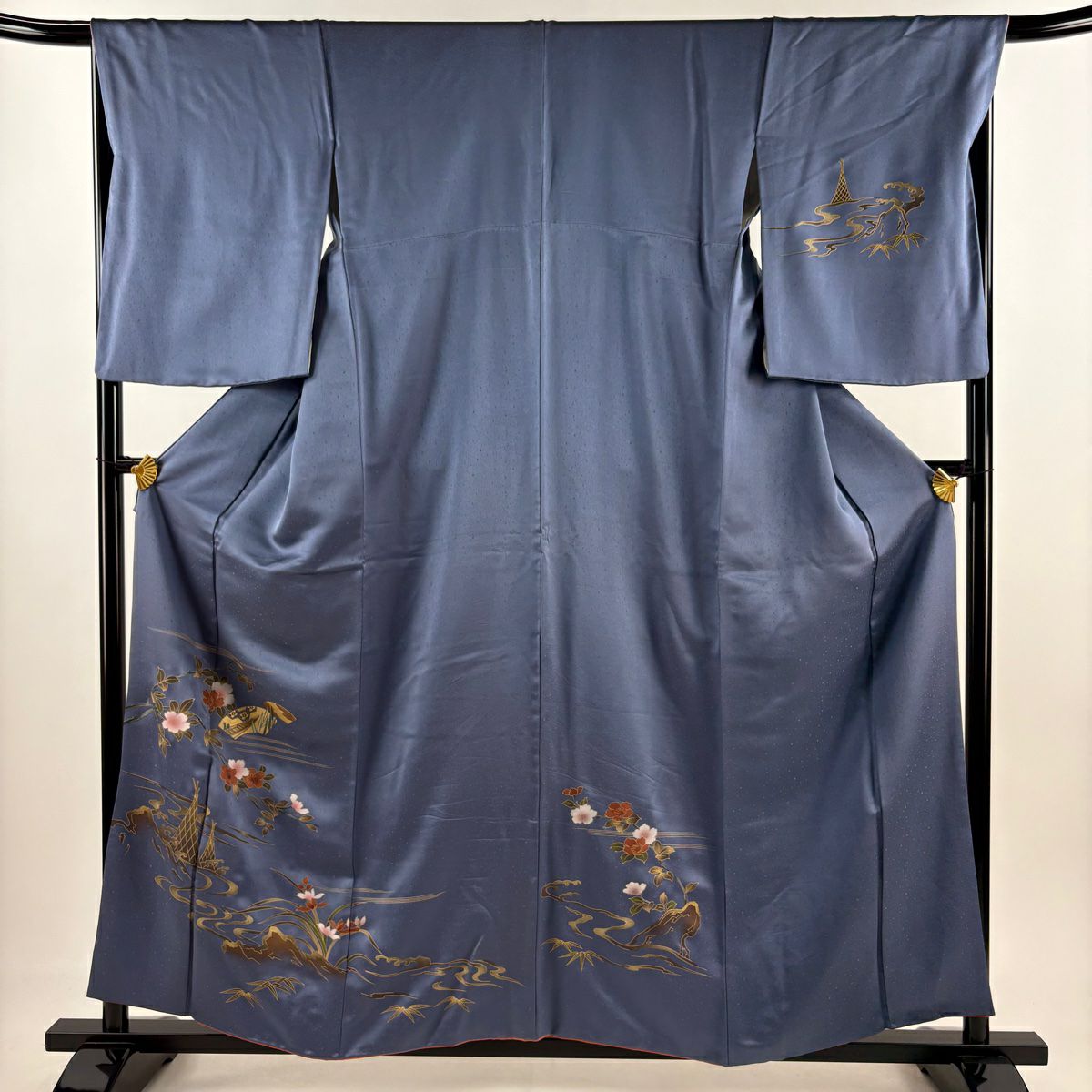 付下げ 身丈169cm 裄丈67.5cm L 袷 色紙 草花 金彩 刺繍 青紫 正絹 秀