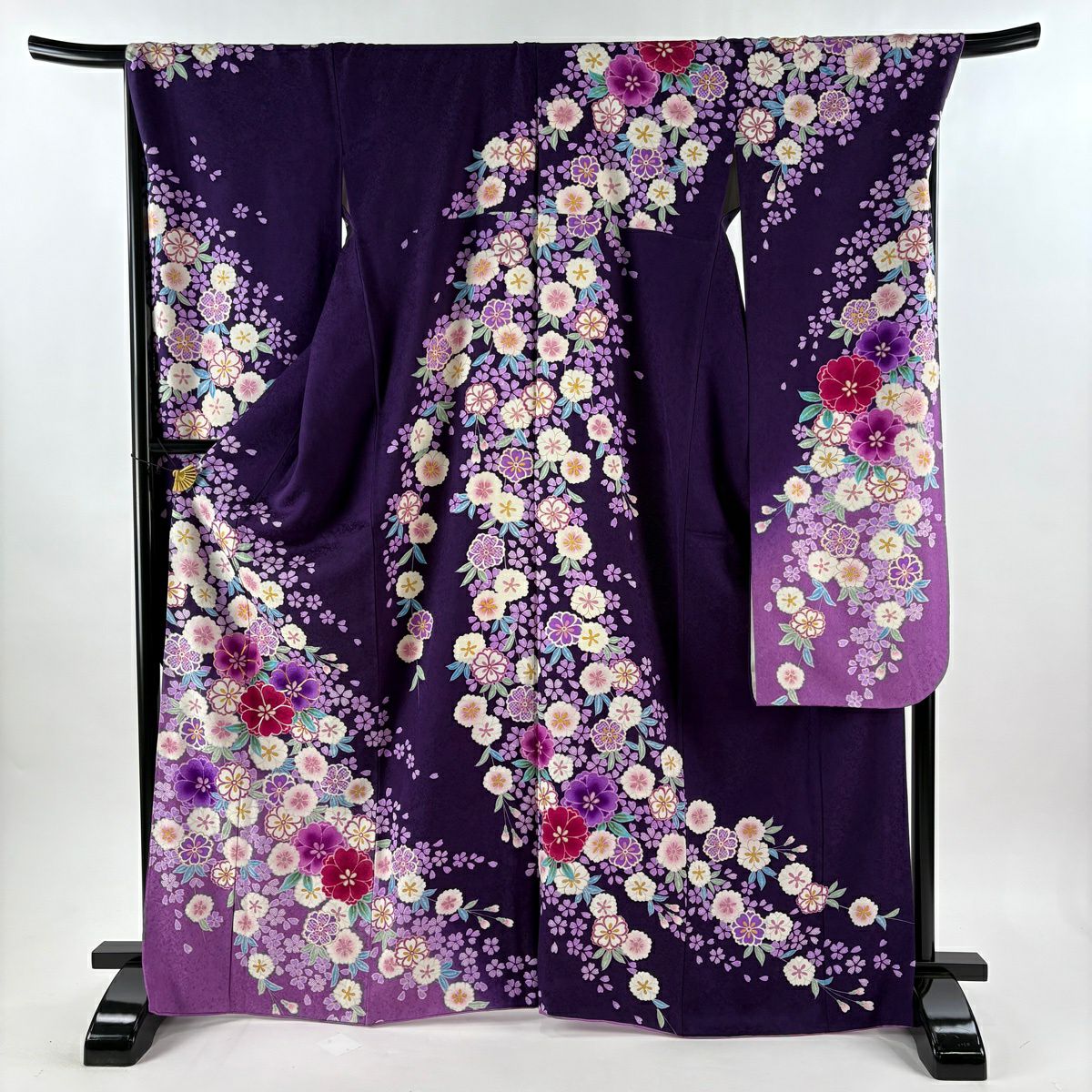 振袖 身丈173cm 裄丈71cm L 袷 草花 桜 金糸 金彩 濃紫 正絹 名品