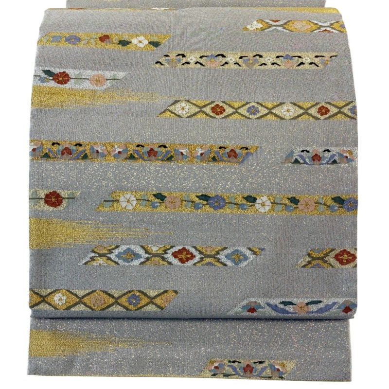 美品】 袋帯 逸品 草花 霞 金銀糸 箔 灰茶 お太鼓柄 正絹｜中古・古着