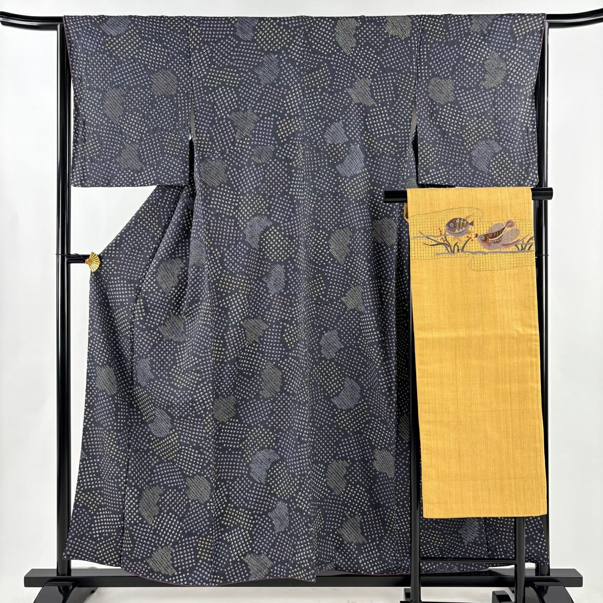 美品】 小紋 身丈158cm 裄丈64.5cm M 袷 名古屋帯セット 幾何学 灰紫