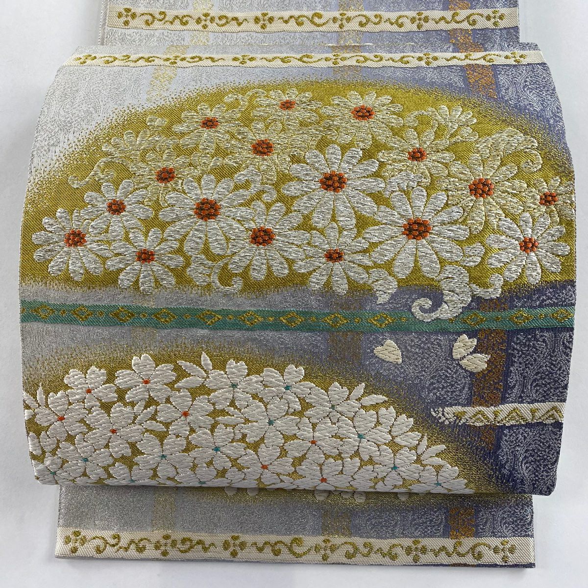 袋帯 こい 名品 証紙あり 草花 金糸 箔 ベージュ お太鼓柄 正絹