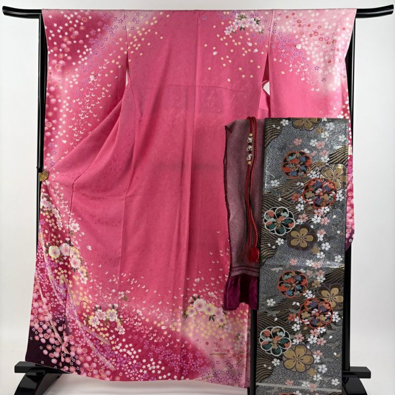半額ストア M 裄丈66cm 身丈164.5cm 振袖 袷 箔 蔓帯 桜 袋帯フルセット 着物・浴衣