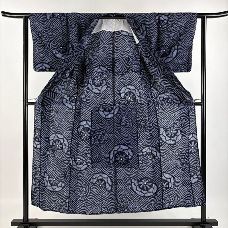 浴衣 身丈156cm 裄丈64cm M 絞り浴衣 草花 青紫 綿 名品｜中古